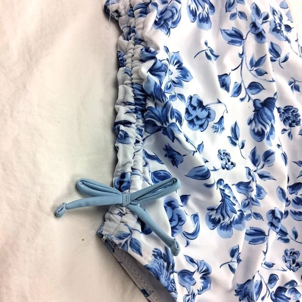 Girls Sz 12 Floral One Piece Swimsuit Tie Side Spaghetti Strap Blue White Flower